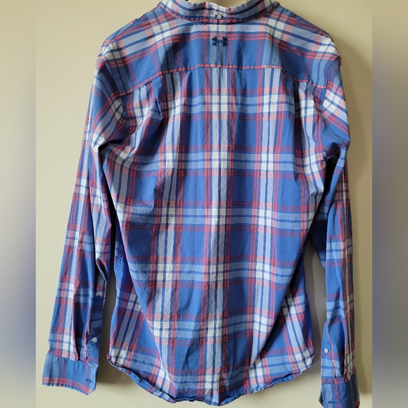 Under Armour Fitted blue/white/salmon plaid long sleeve button down shirt Large - Picture 6 of 6